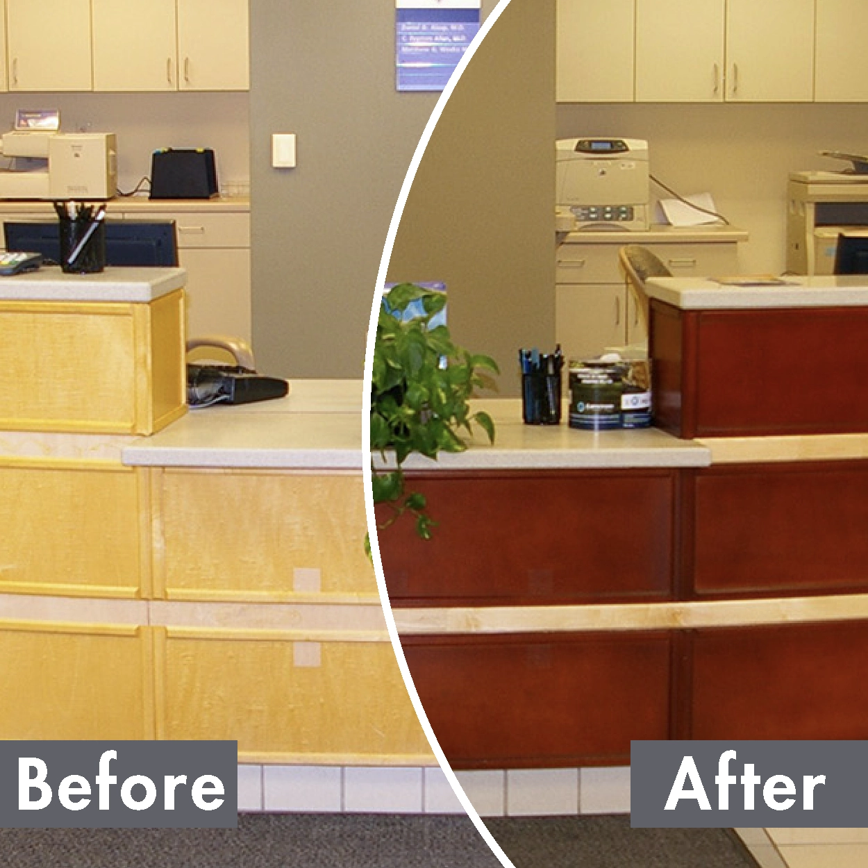 On the left, a photo of an unrefinished office reception desk in a light wood color before N-Hance refinishing. On the right, a photo of the refinished office reception desk after N-Hance refinishing work in a dark wood color.