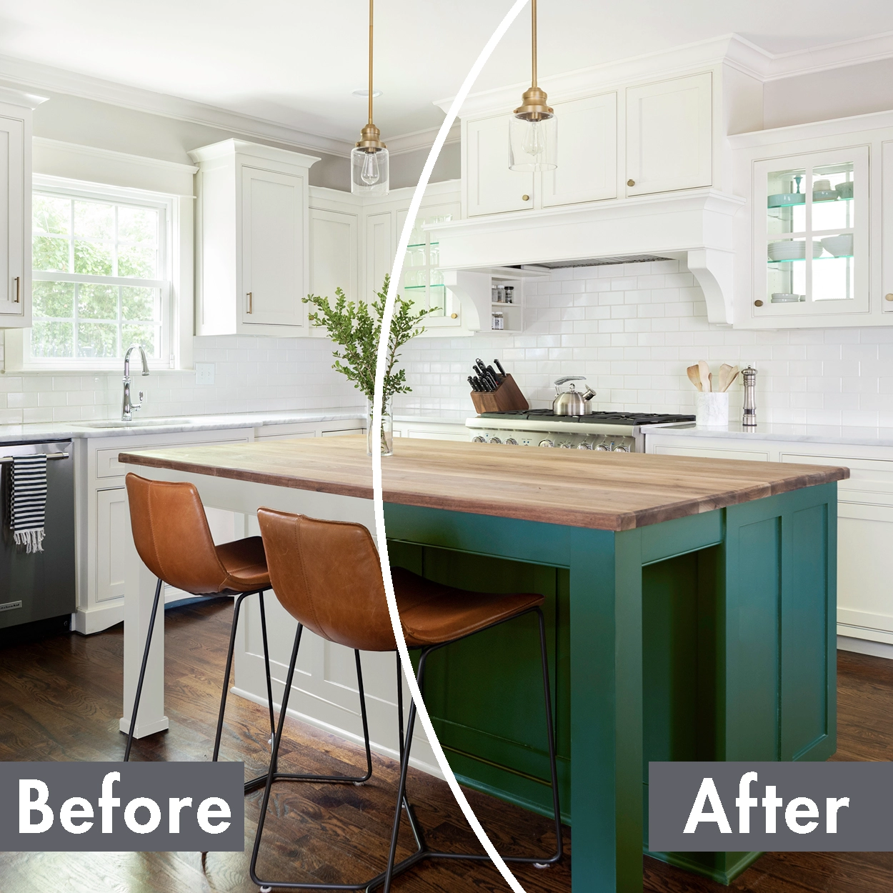 On the left, a photo of unrefinished kitchen cabinets before N-Hance work. On the right, a photo of the kitchen after N-Hance has refinished the kitchen cabinets in white.