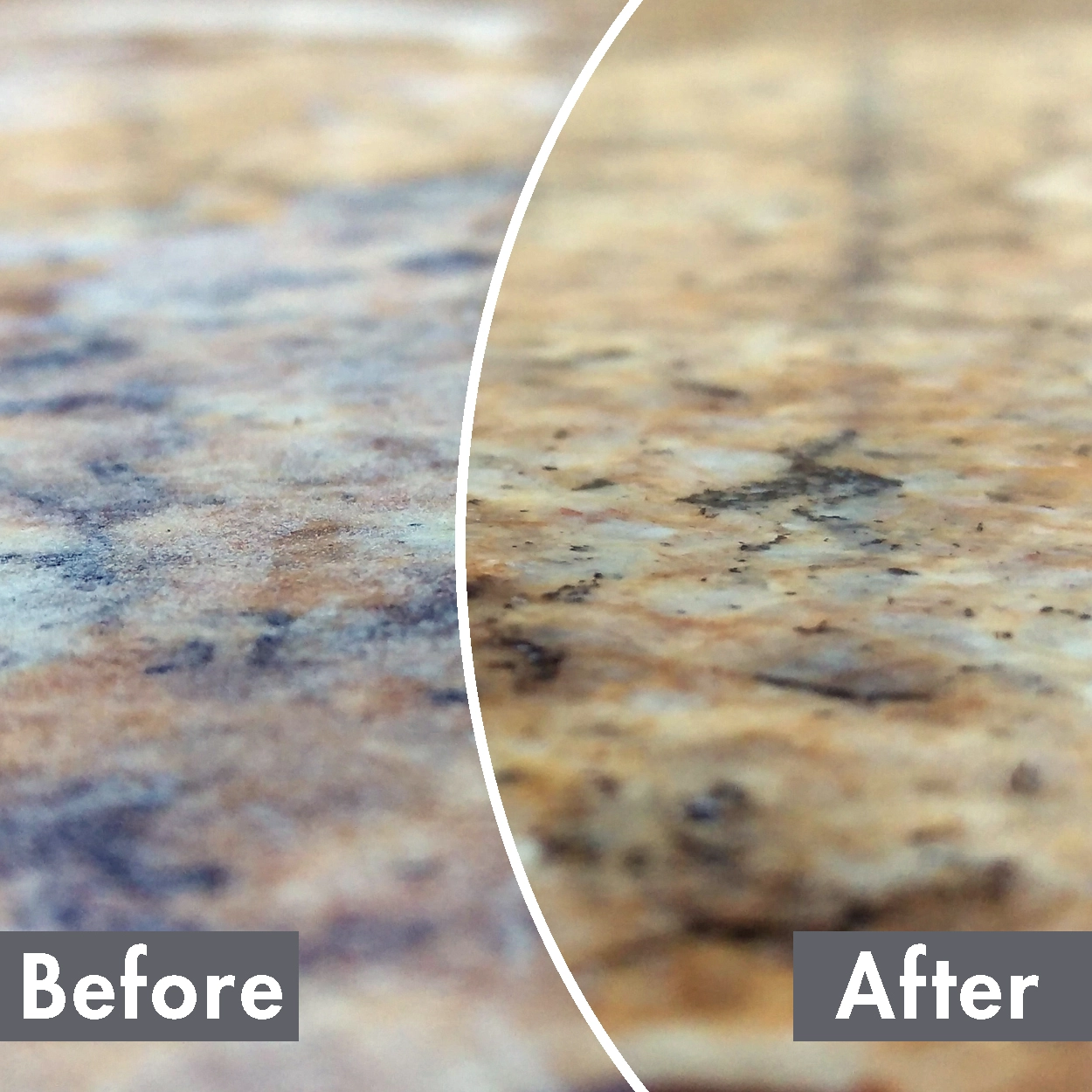 On the left, a photo of a granite counter top before N-Hance refinishing. On the right, a photo of a granite counter top after N-Hance refinishing work.
