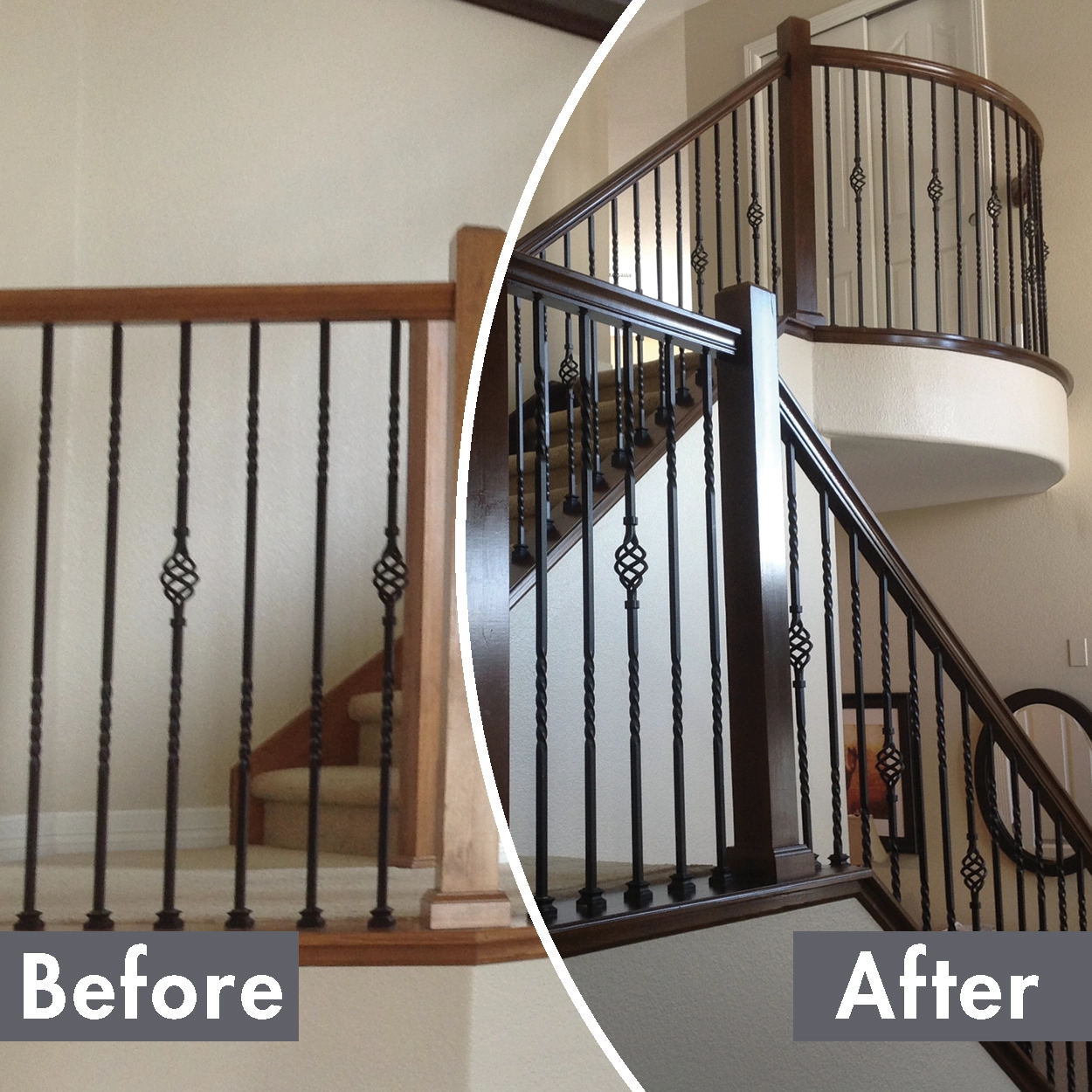 On the left, a photo of a staircase with a wooden handrail wooden handrail before N-Hance hardwood refinishing. On the right, a photo of the stair case where the wooden handrail has had N-Hance hardwood refinishing services.