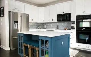 Blue kitchen island cabinets painted by kitchen cabinet painters