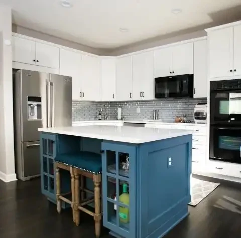 Blue kitchen island cabinets painted by kitchen cabinet painters