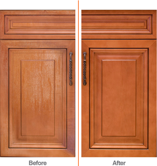 CAlssic Cabinet Refinshing. Before on left and after on right.