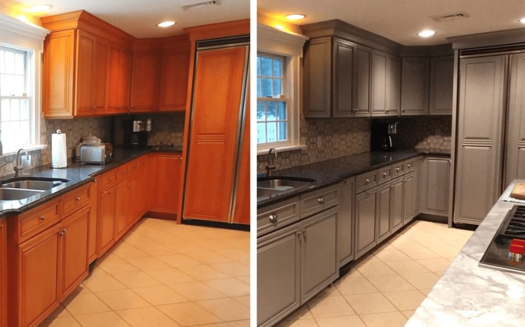 Wood cabinets repainted to gray