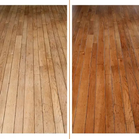 Classic floor refinishing with before on left and after on right