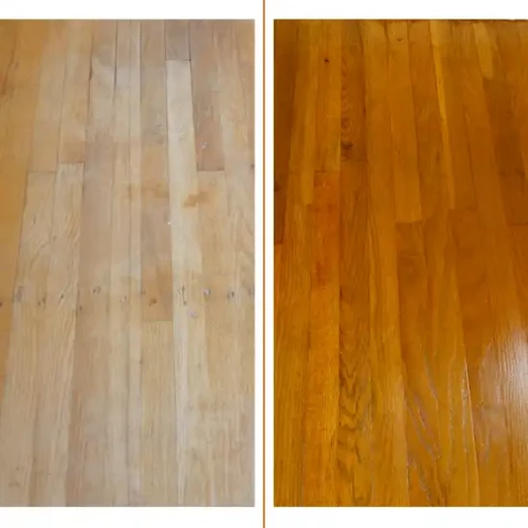 Hardwood restoration with before on left and after on right