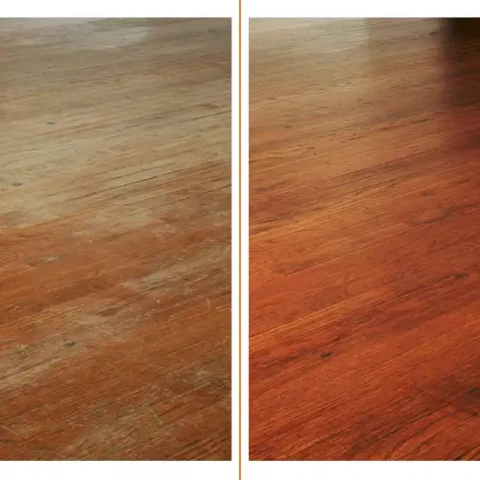 Non-sandable floor refinishing with before on left and after on right