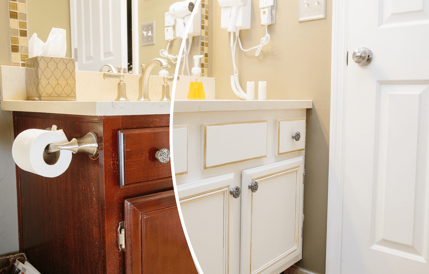 Bathroom vanity before and after wood to white cabinets in Redding, Ca
