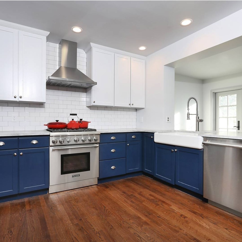 two-tone kitchen cabinets refinished by N-Hance Boise in white and blue.