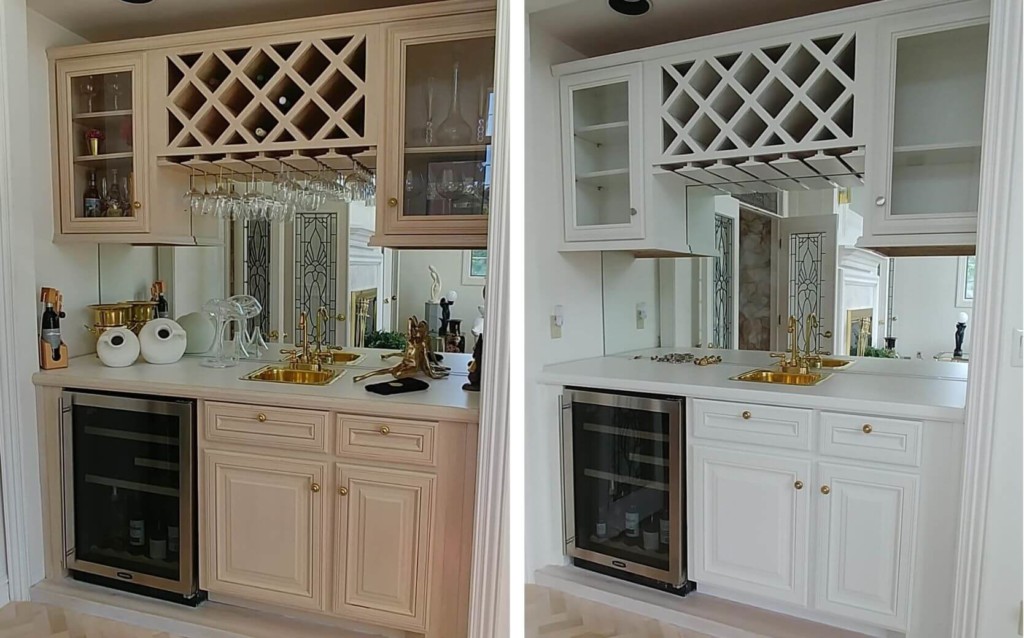 Light tan cabinets repainted white with cabinet refinishing in Bernardsville