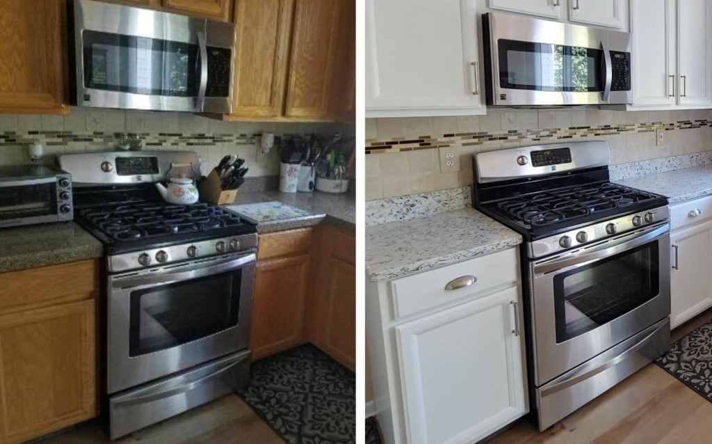 Brown to white kitchen cabinet makeover