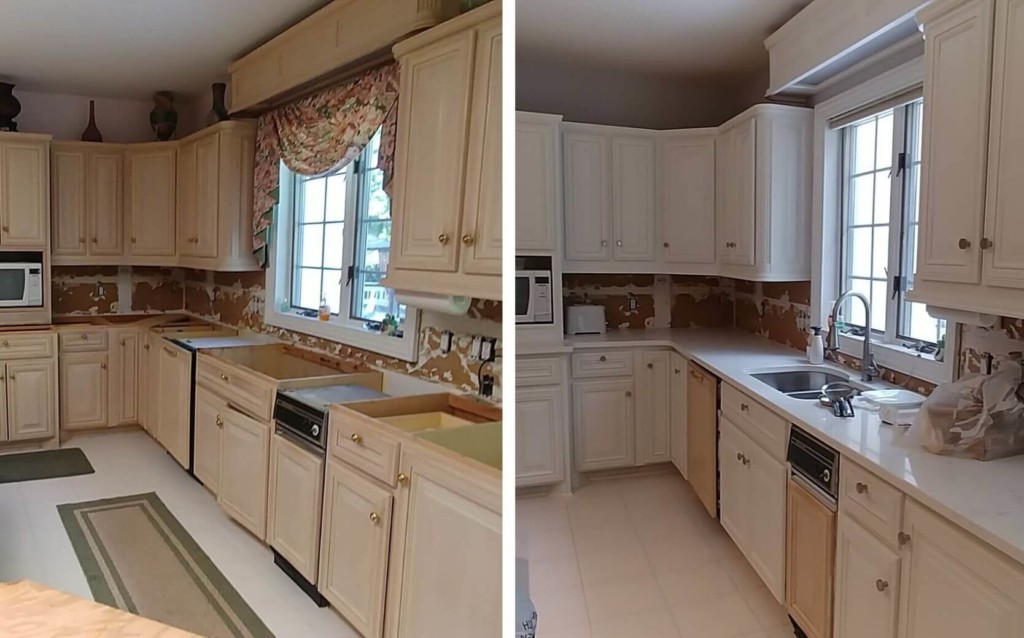 Light tan kitchen cabinets repainted white