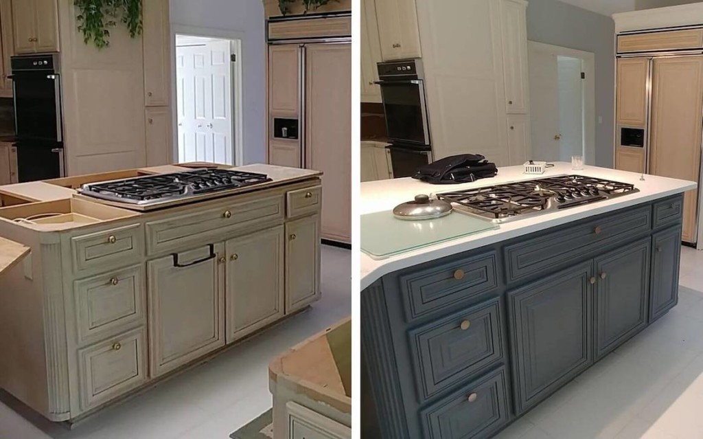 Tan to blue/gray kitchen island makeover