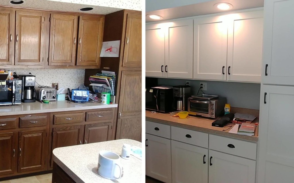 Dark brown cabinets refaced and repainted to white