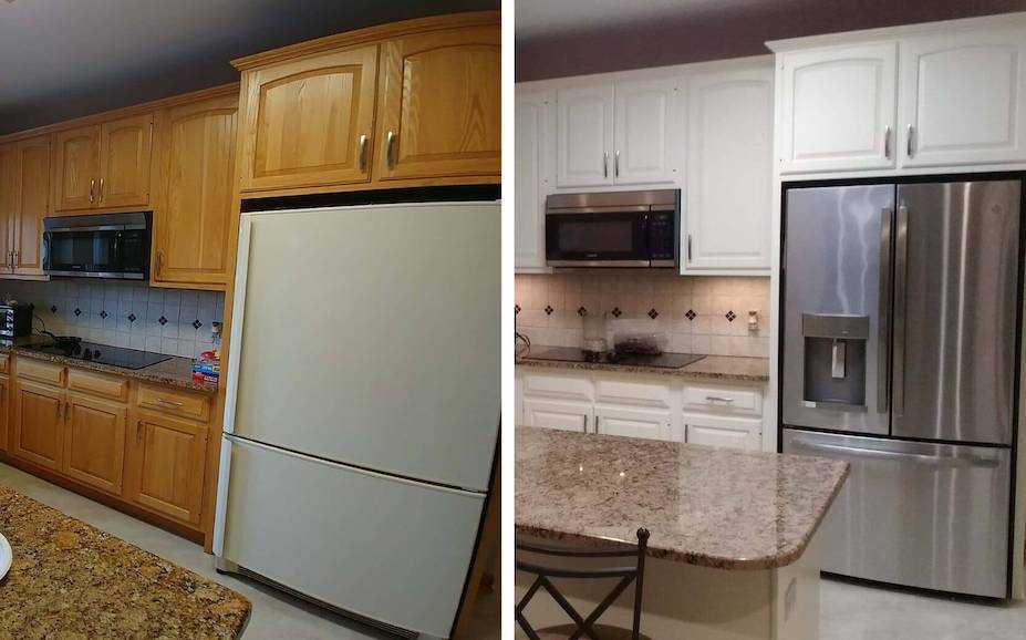 Light wood cabinets in kitchen repainted white