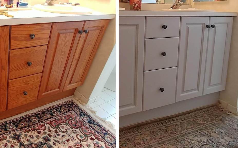 Red oak bathroom cabinets repainted light gray