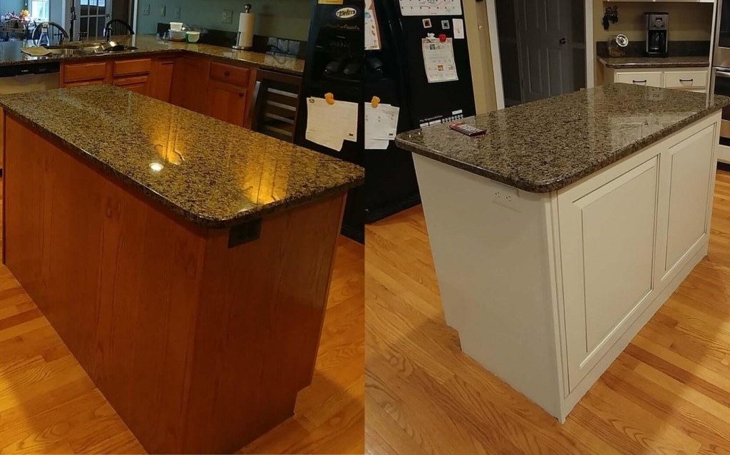 Kitchen island before and after cabinet refinishing in Newton