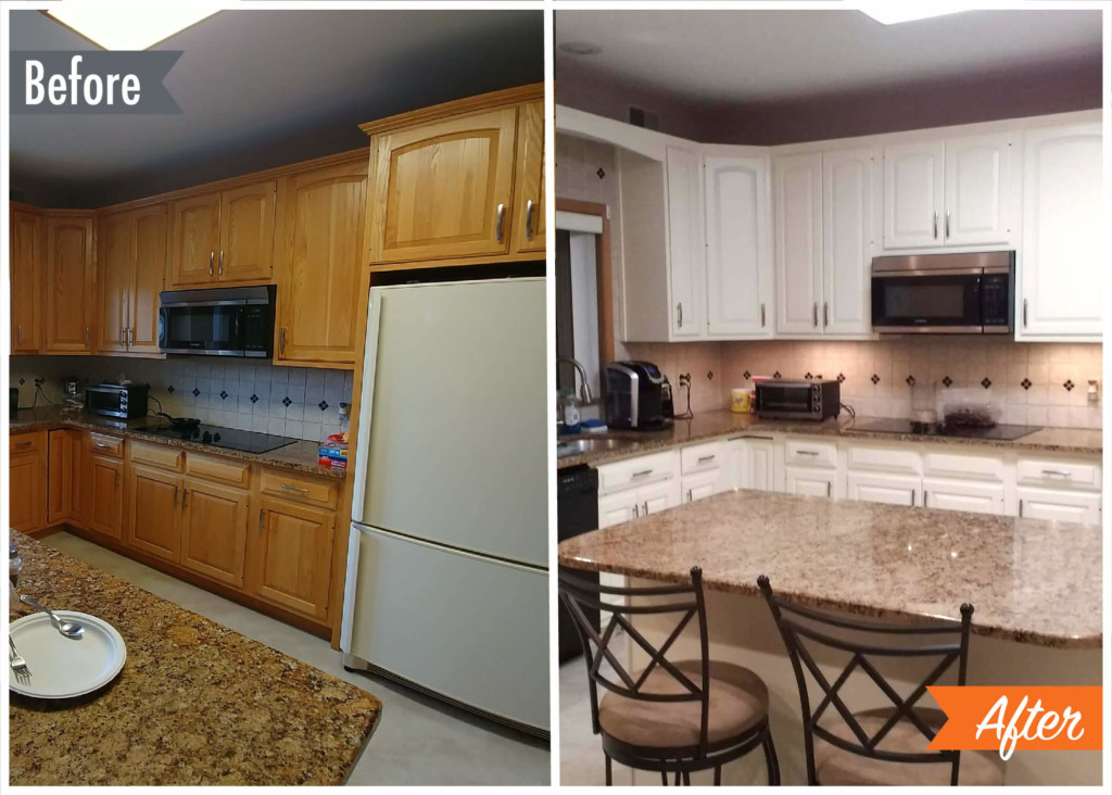 Old wood cabinets repainted to white