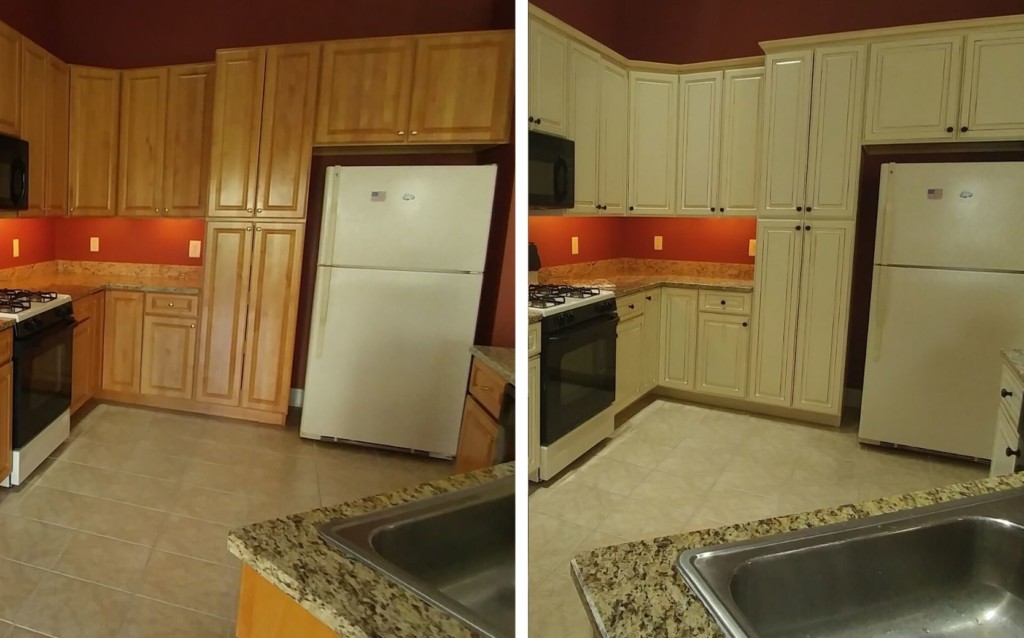 Before and after of brown to white cabinets