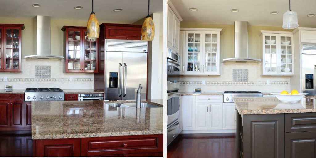 Resurface kitchen cabinet project before and after photo. On one side we see cherry stained kitchen cabinets and on the alternative side we see that the cabinets have been resurfaced by Nhance of Southeast michigan and now the cabinets are white with a mocha colored paint job on the island.
