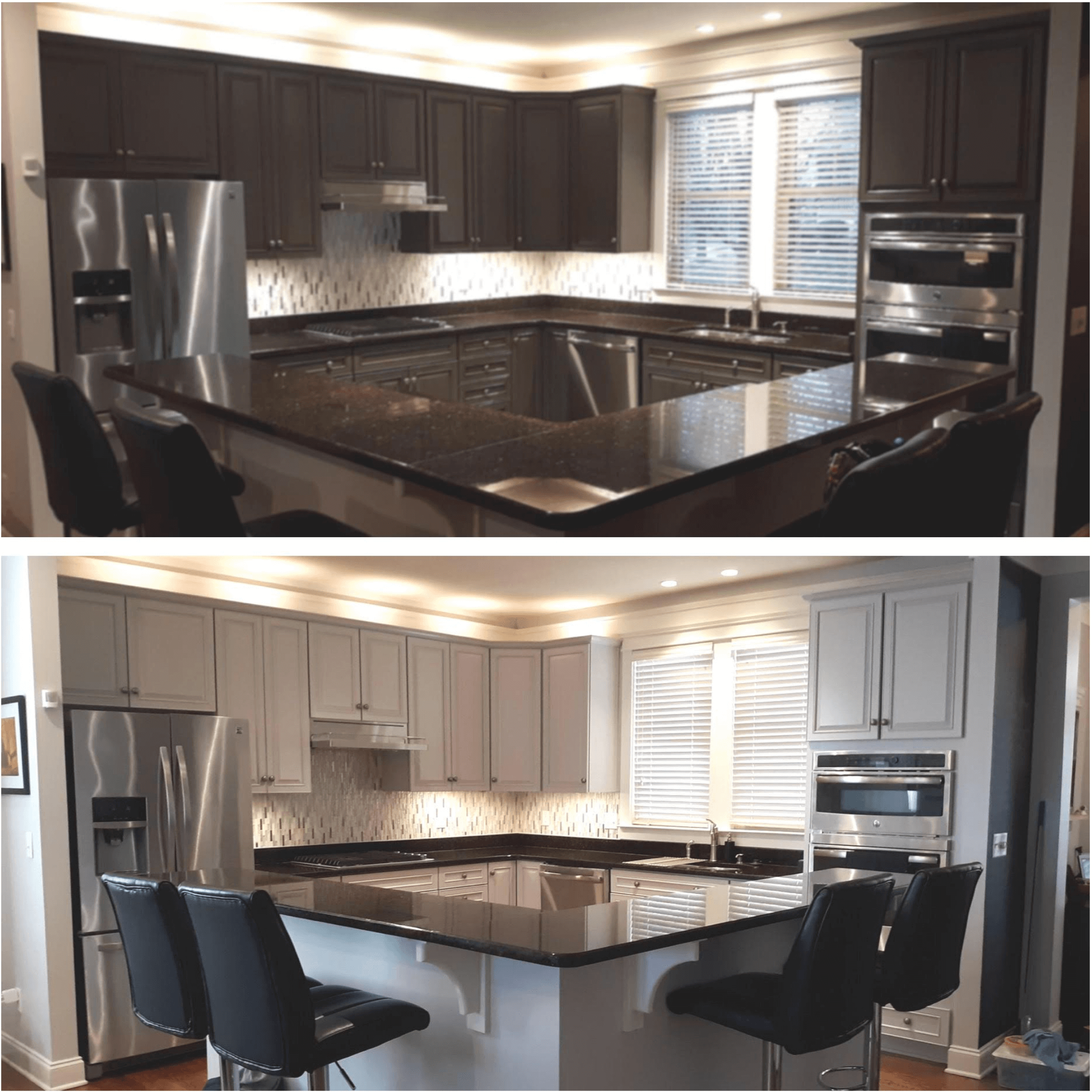 before and after shot of cabinets we refinished