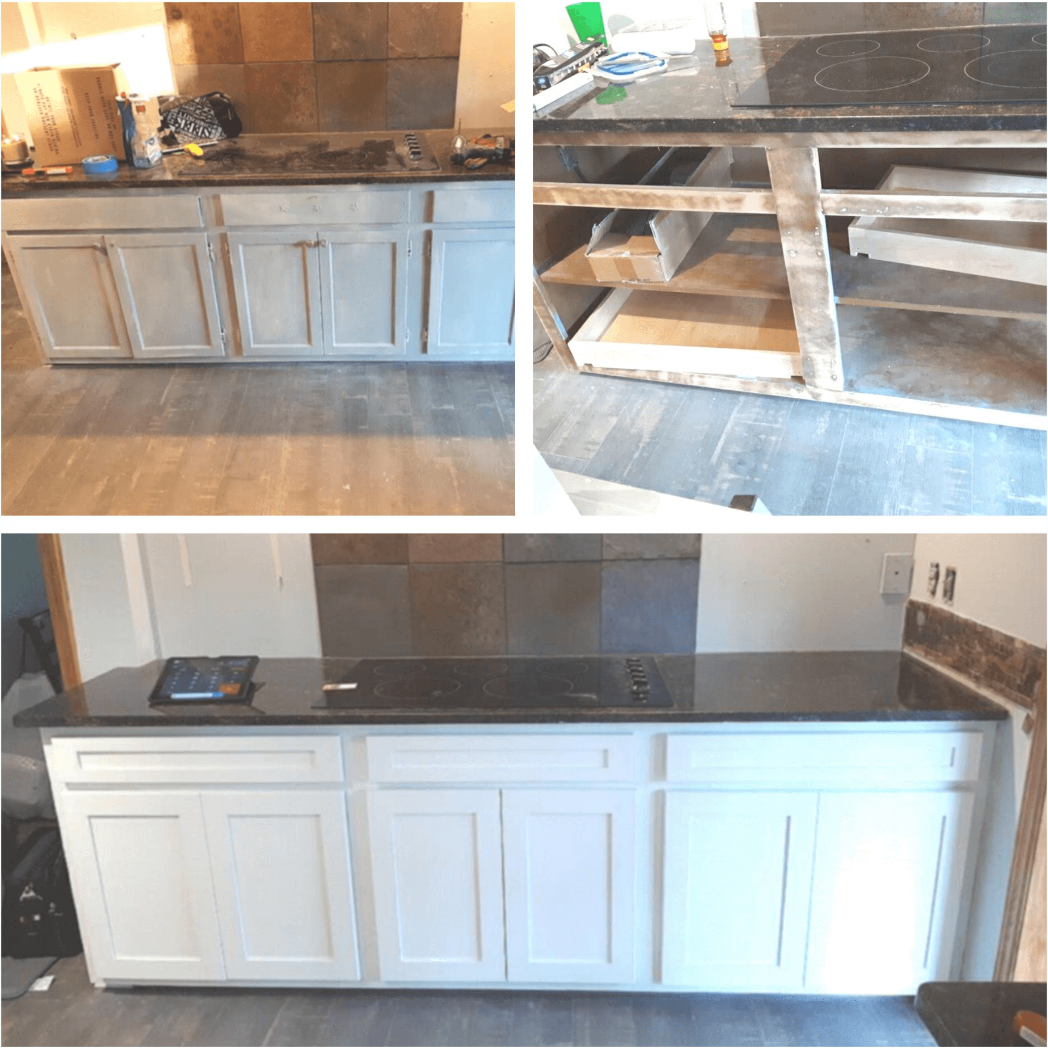 before, during and after a cabinet refinishing project.