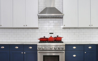 Wood cabinets painted white and blue