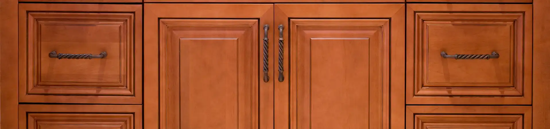 Photo of kitchen with blue and white refinished cabinets