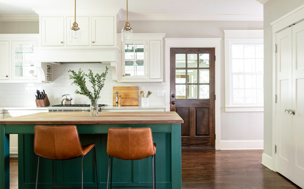 cabinets with green painted island and white painted uppers