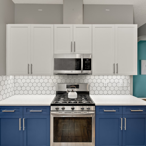 blue and white two-tone cabinets