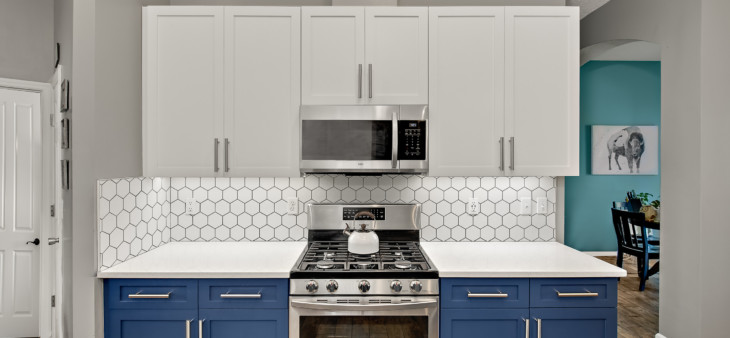 blue and white two-tone cabinets