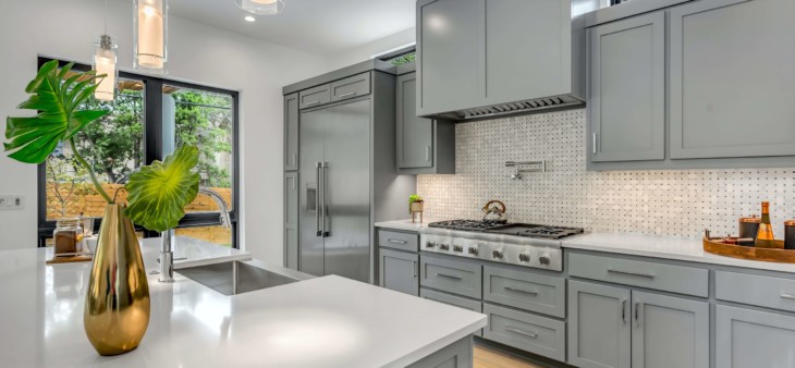 grey-cabinets-with-silver-hardware