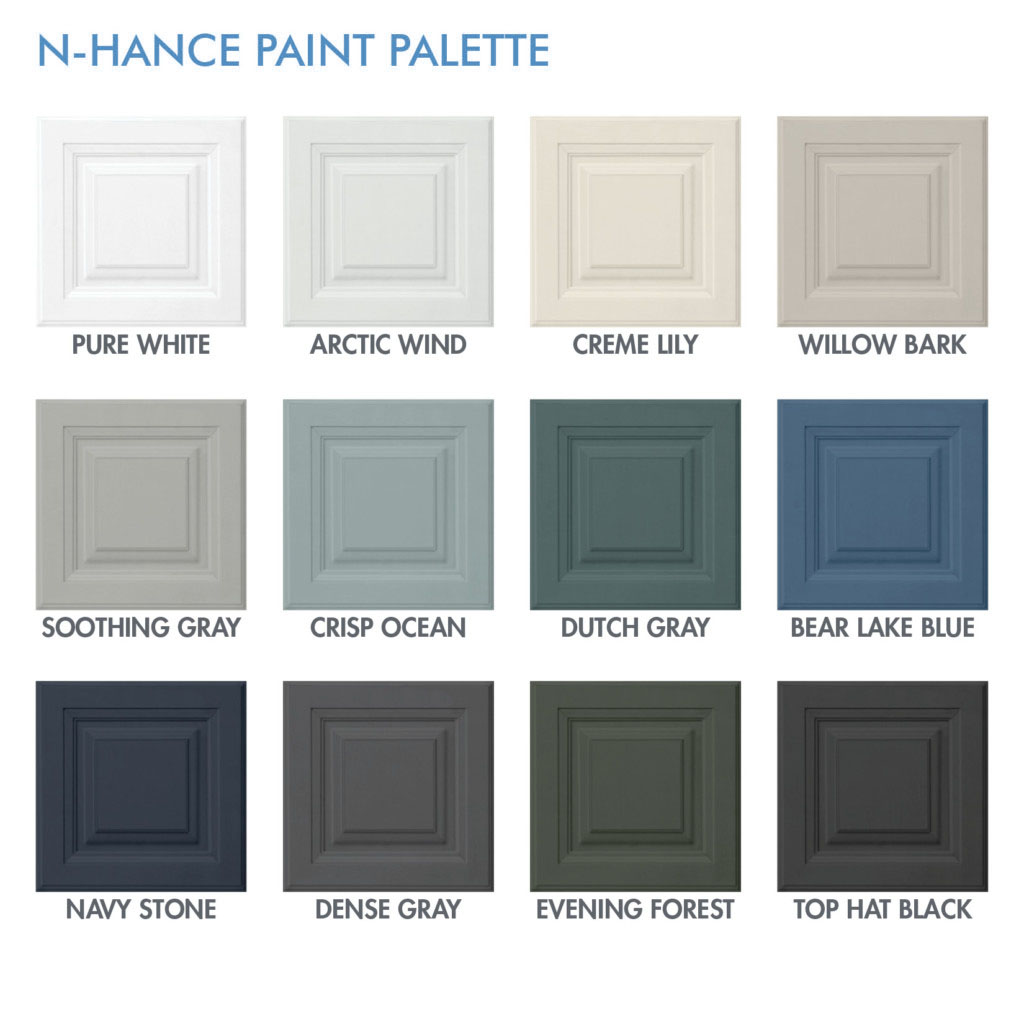 N-Hance colors including Pure White, Arctic Wind, Creme Lily, Willow Bark, Soothing Gray, Crisp Ocean, Dutch Gray, Bear Lake Blue, Navy Stone, Dense Gray, Evening Forest, Top Hat Black