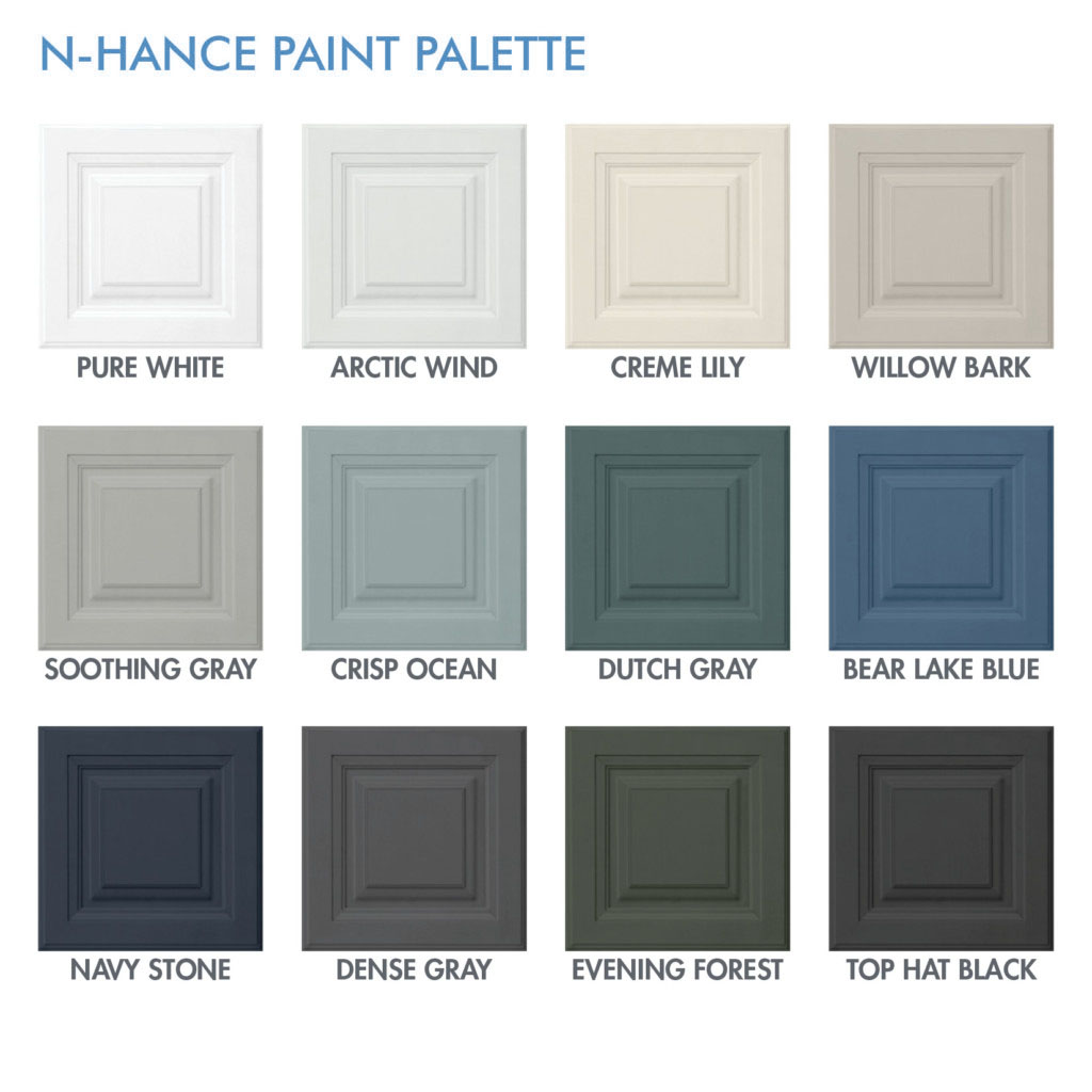 N-Hance cabinet colors including Pure White, Arctic Wind, Creme Lily, Willow Bark, Soothing Gray, Crisp Ocean, Dutch Gray, Bear Lake Blue, Navy Stone, Dense Gray, Evening Forest, Top Hat Black