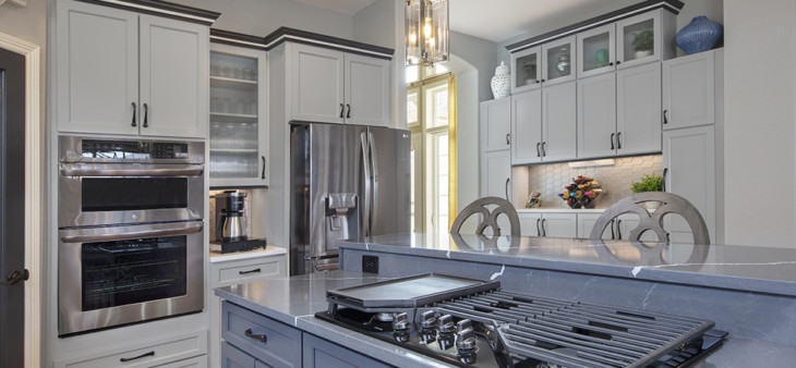 gray and navy kitchen