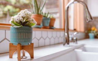 blue vase on a counter