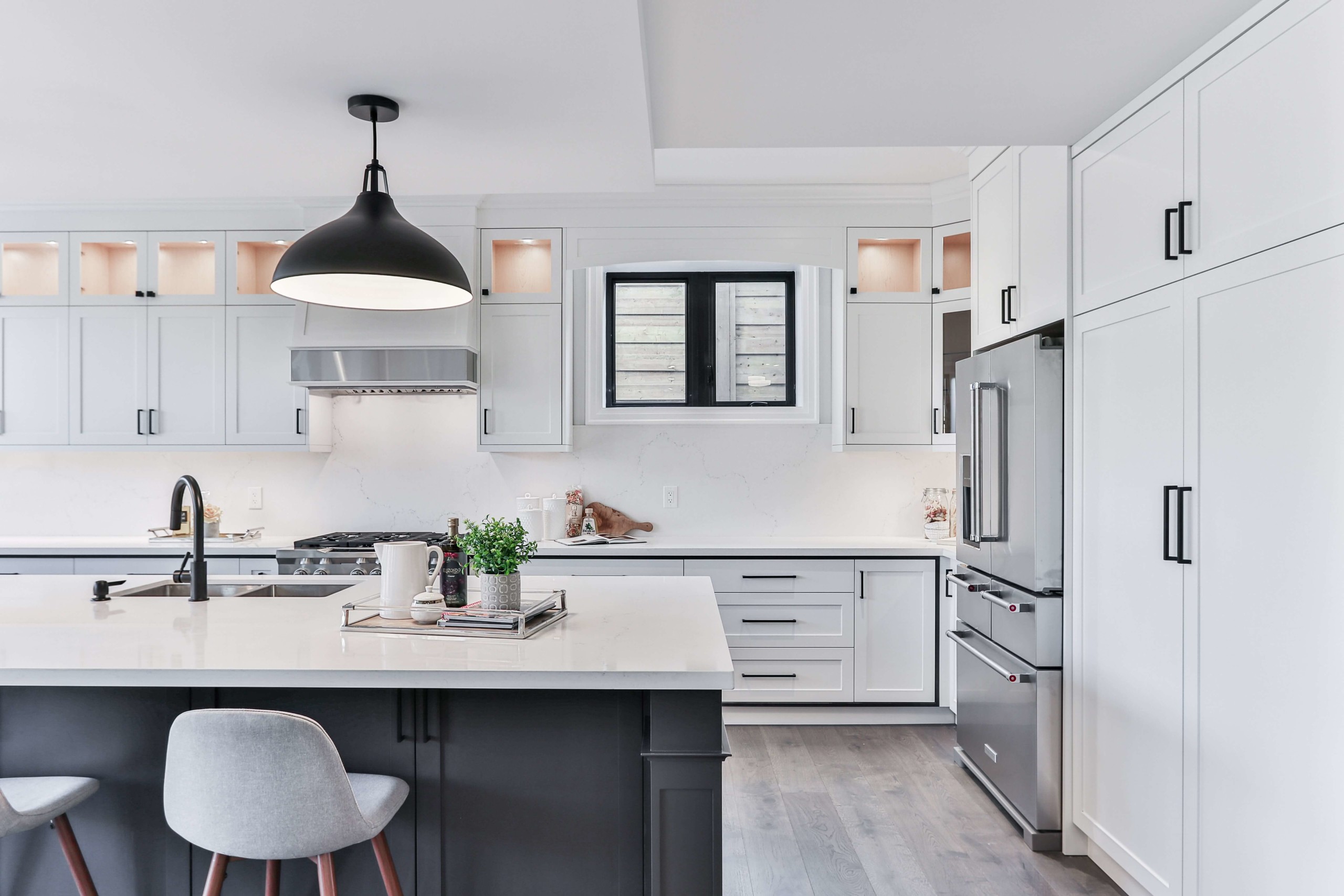 Dark cabinets with shop light floors