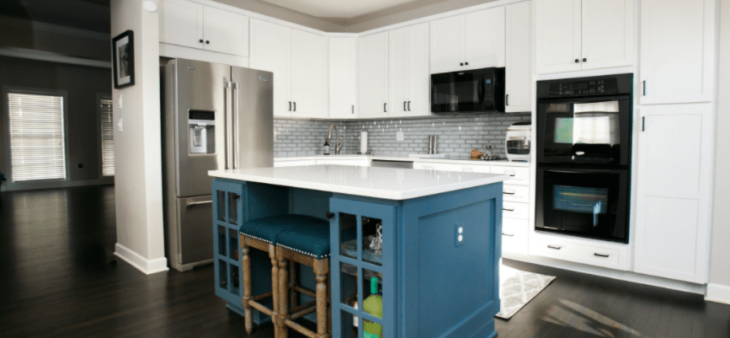 kitchen with white cabinets and blue island