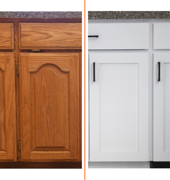 side by side showing N-Hance cabinet refacing with wood cabinets denver