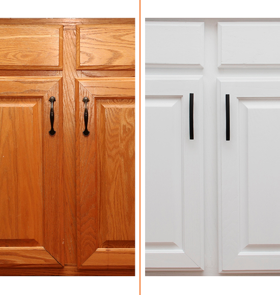 comparison highlighting N-Hance cabinet painting transforming wood cabinets from their original appearance to a stunning white finish  Columbia MD