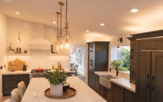 kitchen with white counters and dark brown cabinets