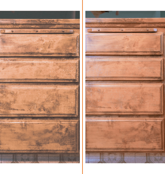 before and after photo of a cabinet refinishing in the hendersonville area