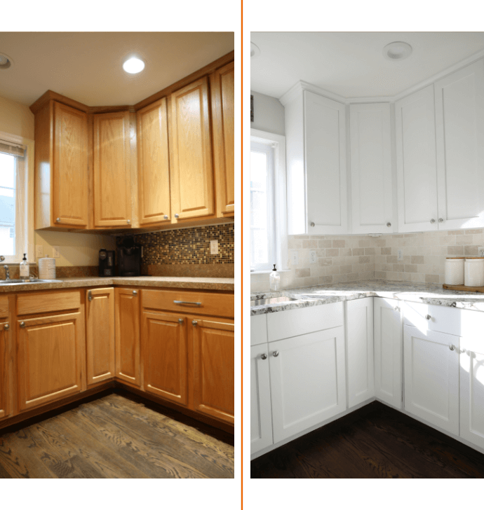 cabinet door painting before and after photo from a kitchen in hendersonville, nc