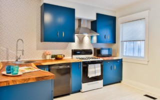 kitchen with vibrant, blue cabinets