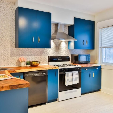 kitchen with vibrant, blue cabinets