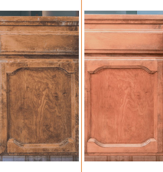 Before and after cabinet refinishing in Asheville, NC.