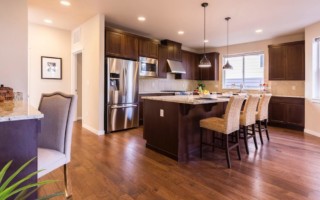 kitchen with dark wooden cabinets