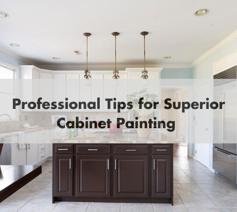 kitchen with text "tips for superior cabinet painting