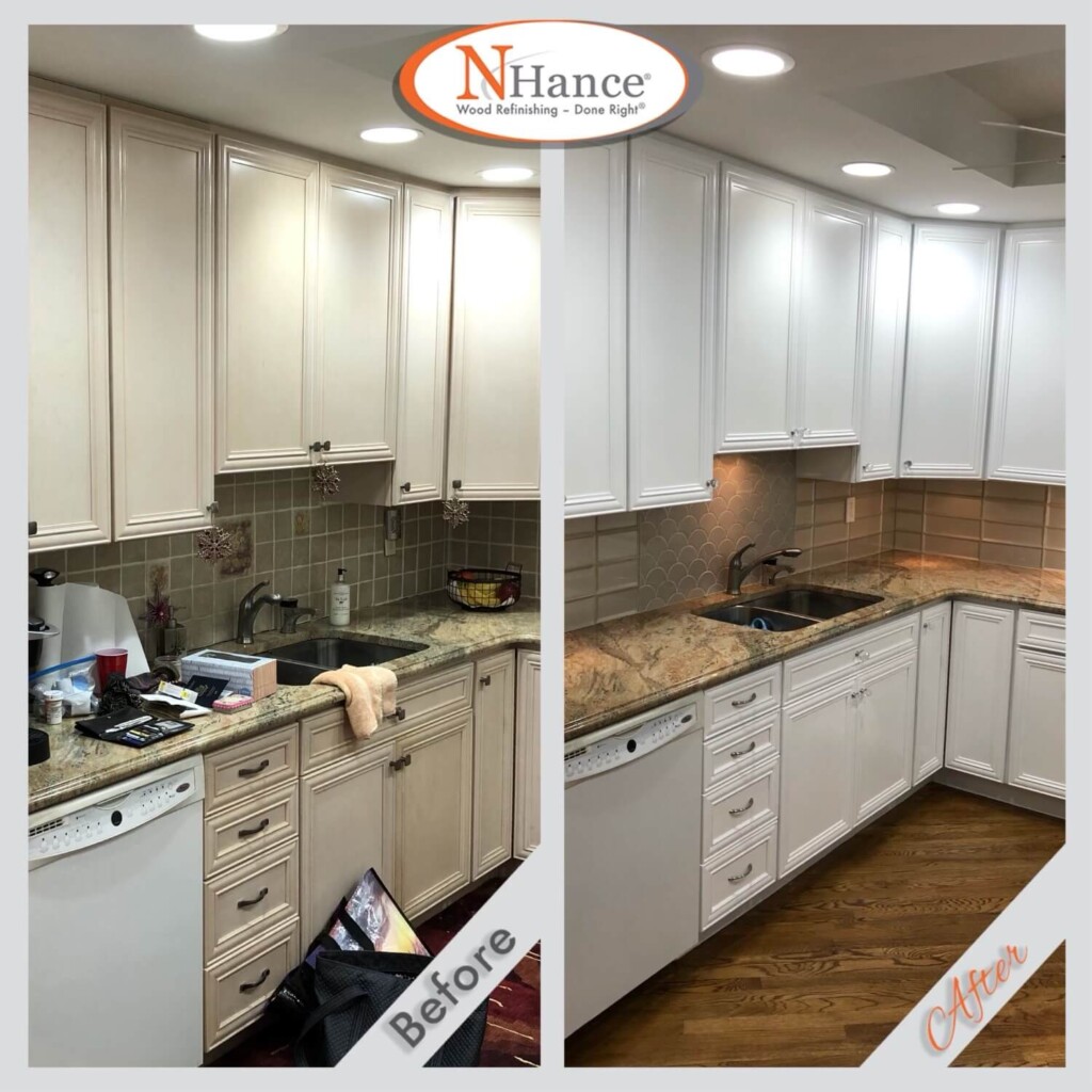 before and after cabinet refinishing white cabinets in a kitchen in Westbury 