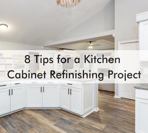 kitchen with text about cabinet refinishing ideas